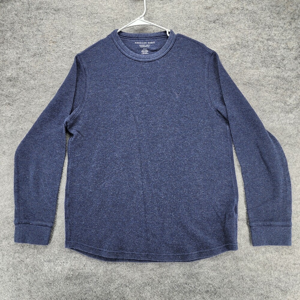 American Eagle Shirt Mens Medium Long Sleeve Blue Waffle Standard Fit Super Soft